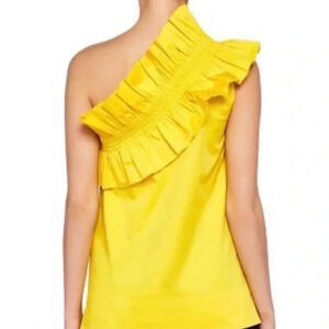 TED BAKER One Shoulder Ruffle Top Yellow Blouse  SZ 2